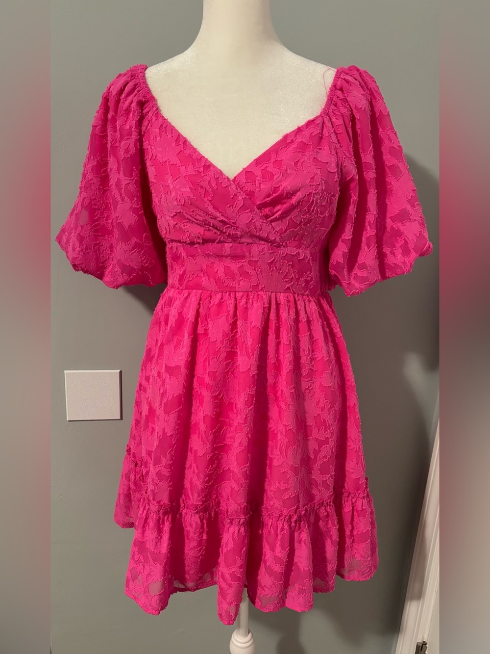 Peach Love California Hot Pink Puff-Sleeve Mini Dress Size S